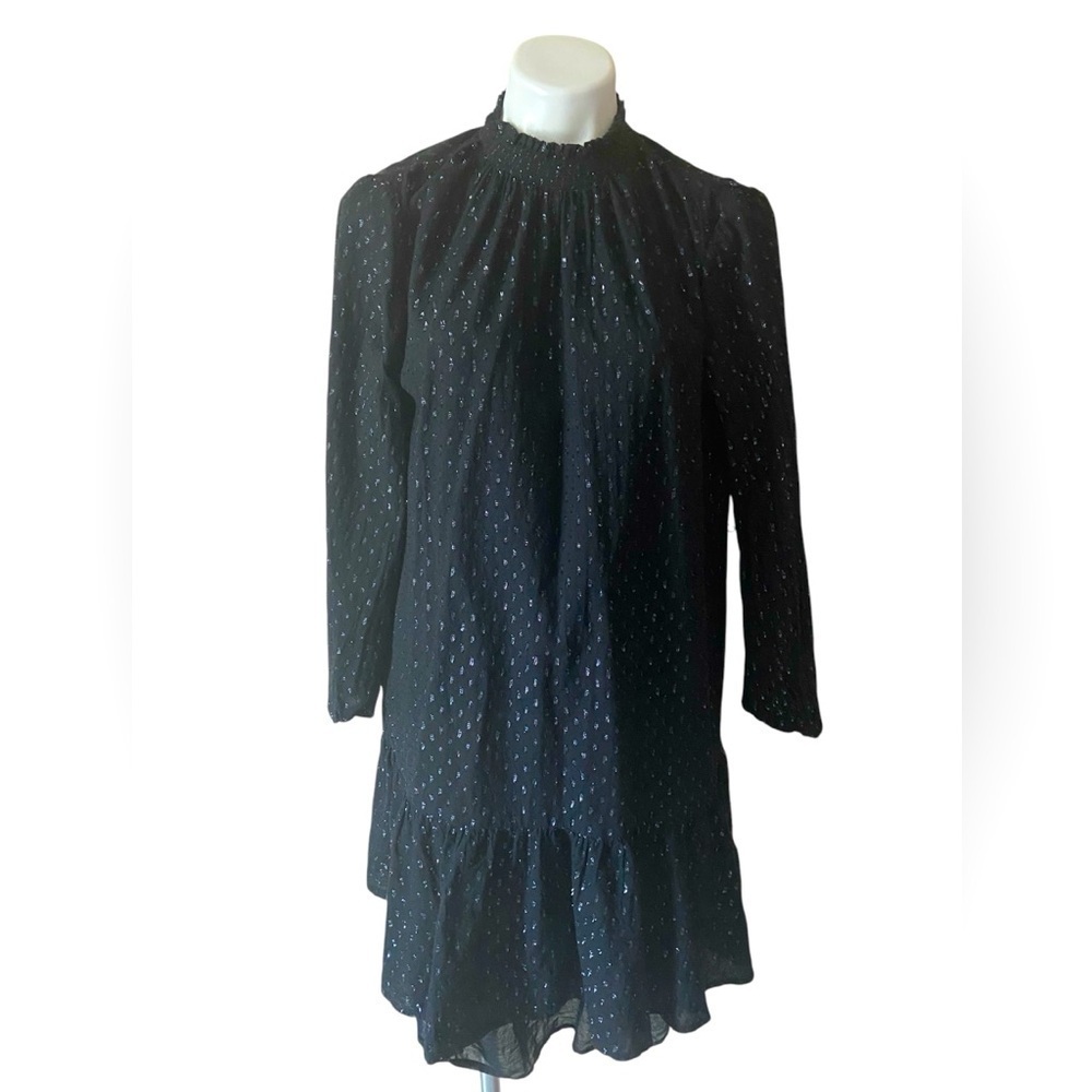 Gap Women’s Black Long Sleeve Cotton Yoke Mini Dress With Gold Dots Size Large